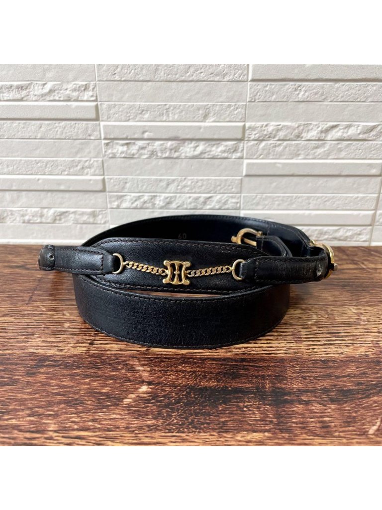 Celine Leather Triomphe Logo Gold Belt Black